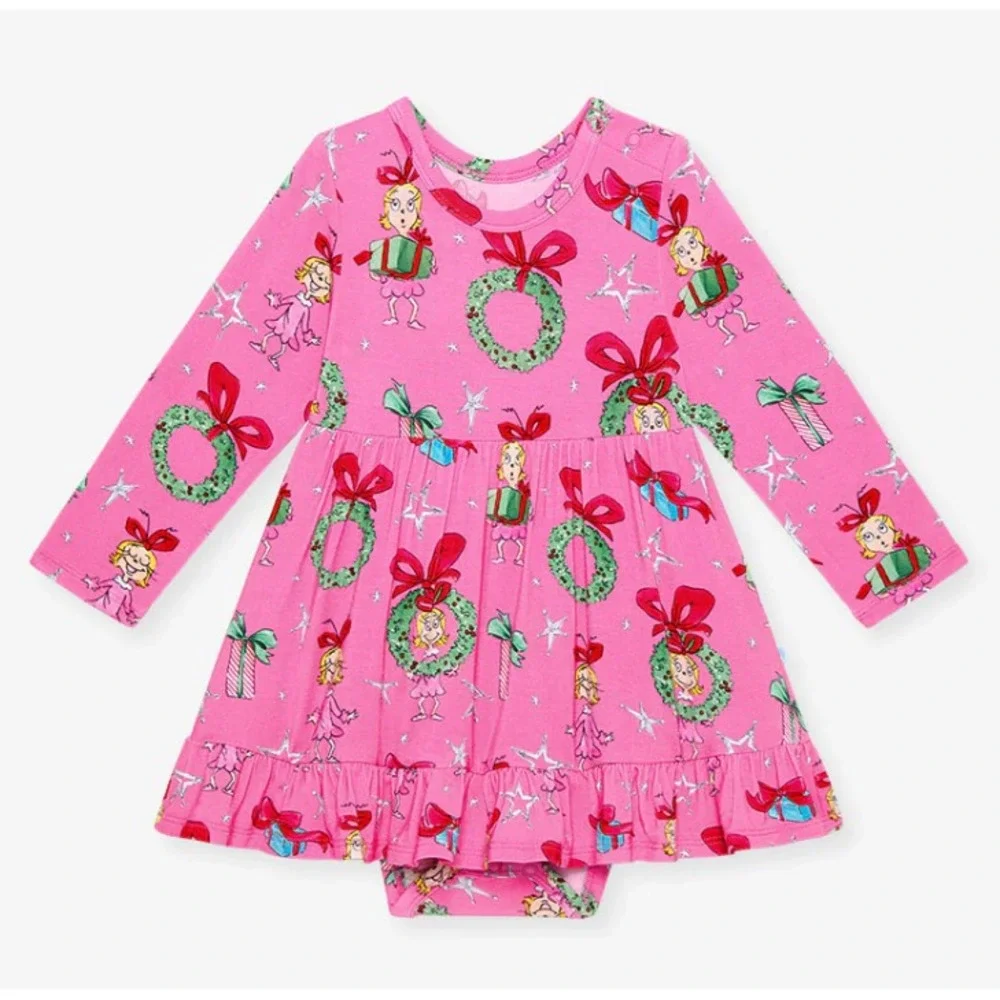 Posh Peanut 0-3 Months Dr Seuss Grinch Pink Cindy Lou Who Ruffled Bodysuit Dress